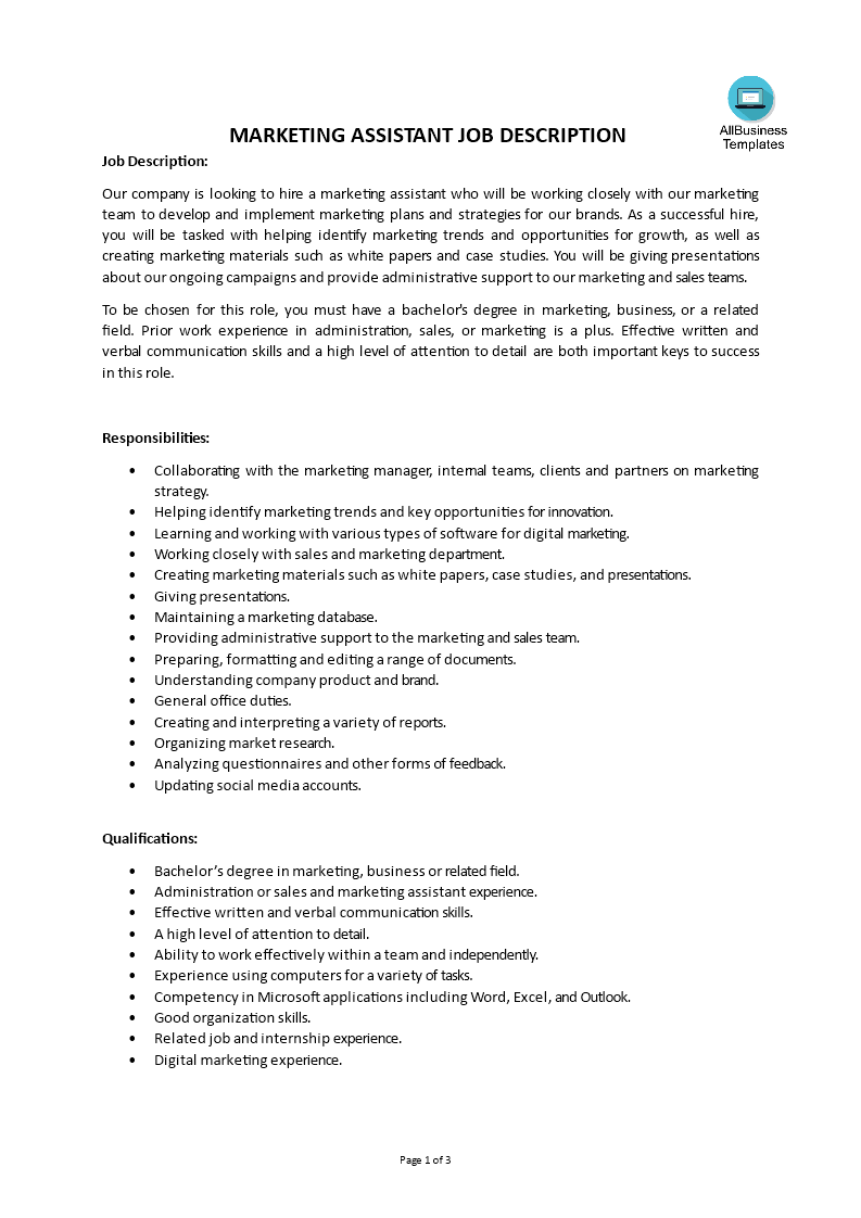 marketing assistant job description modèles