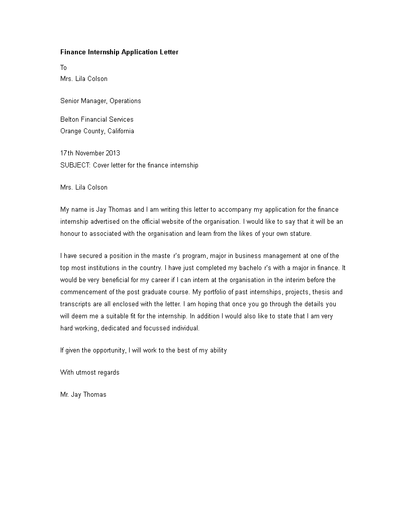 finance internship application letter sample template