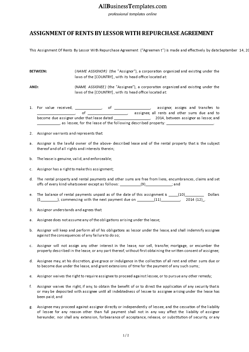 Assignment Of Rights with Repurchase Agreement main image