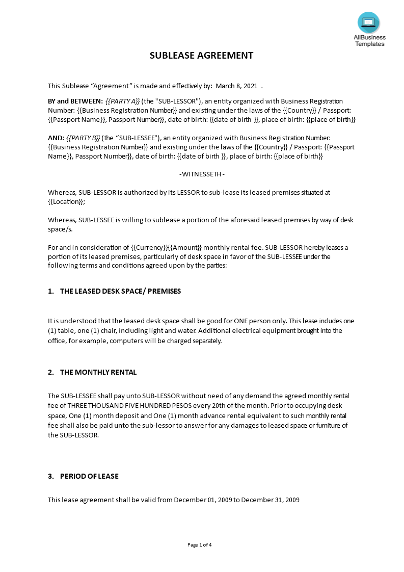 Sublease Agreement template 模板