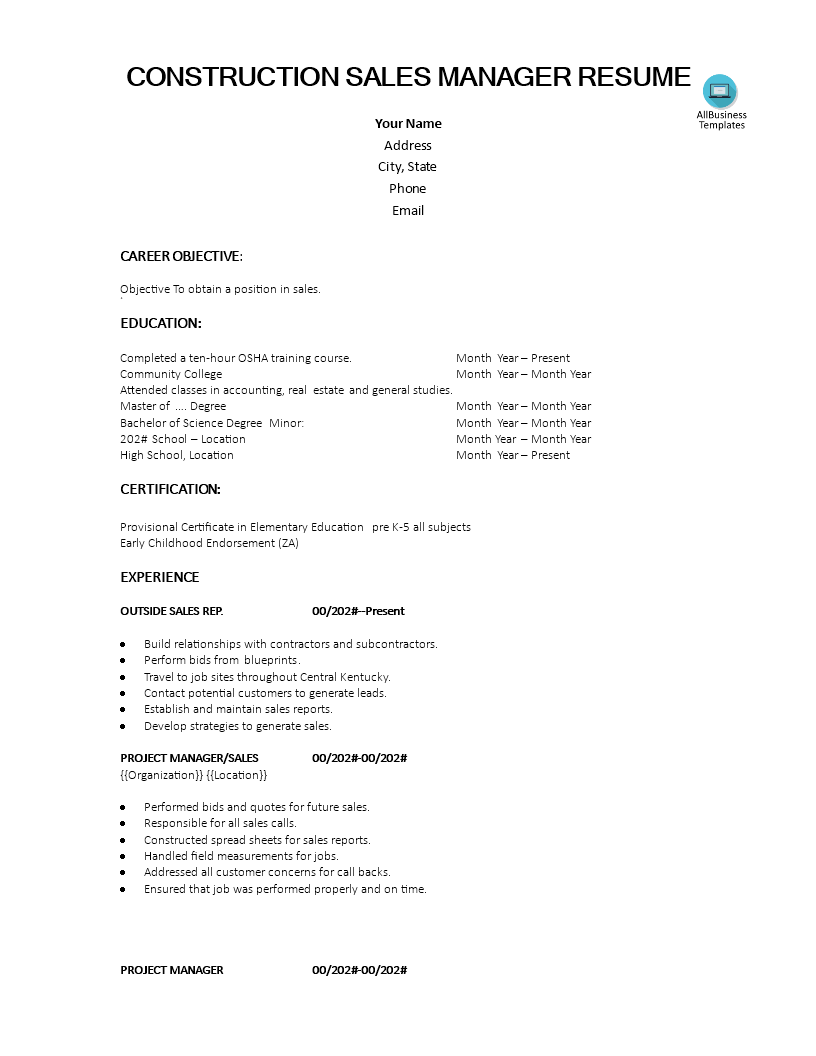 Construction Sales Manager Resume 模板