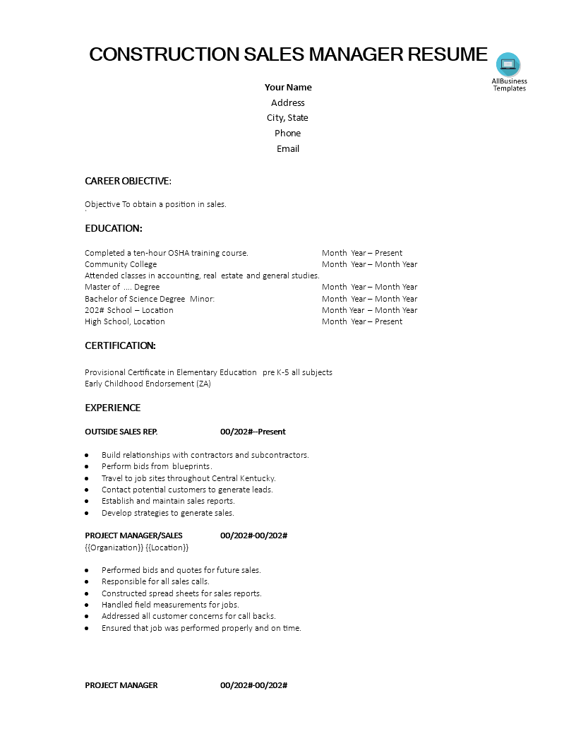 construction sales manager resume Hauptschablonenbild