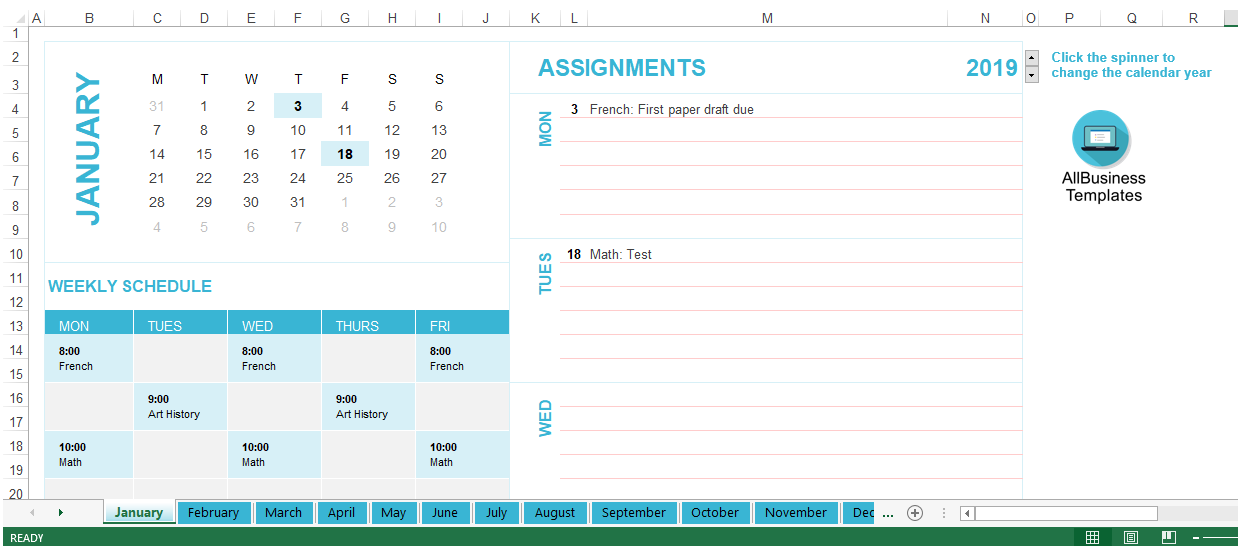 personal assignments calendar excel template