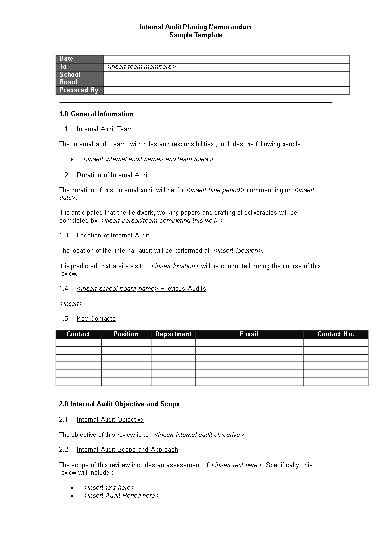 internal audit planning memorandum template