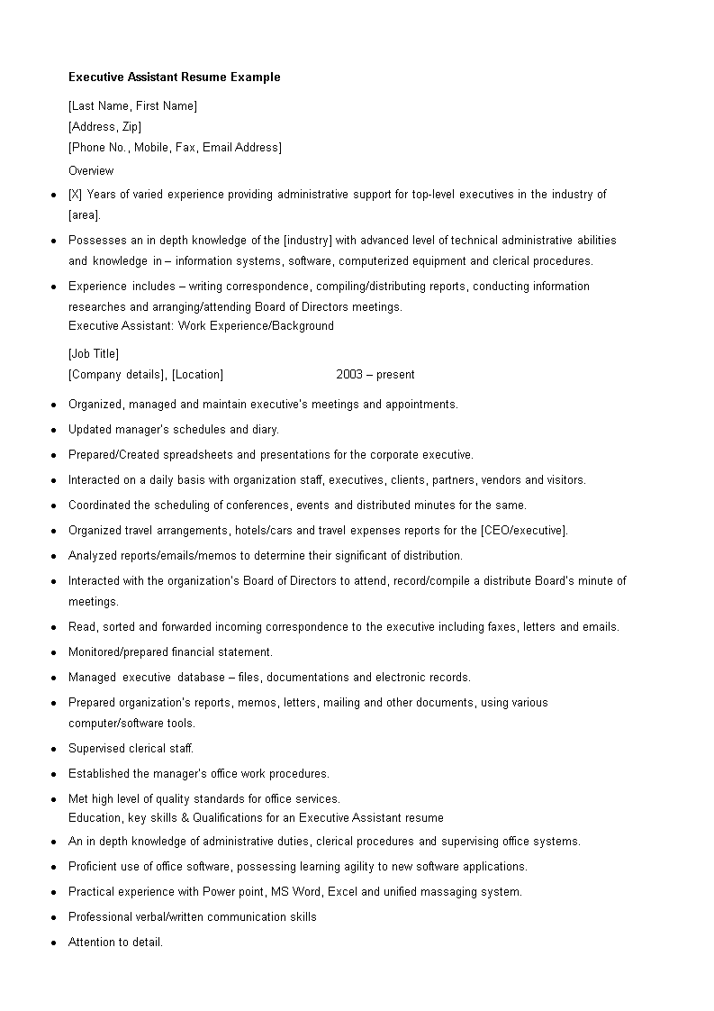 Resume for Executive Assistant sample main image