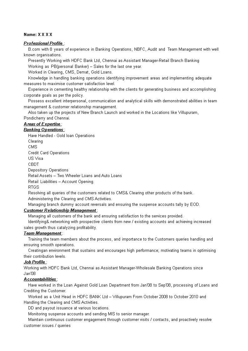 Retail Banking Manager Resume 模板