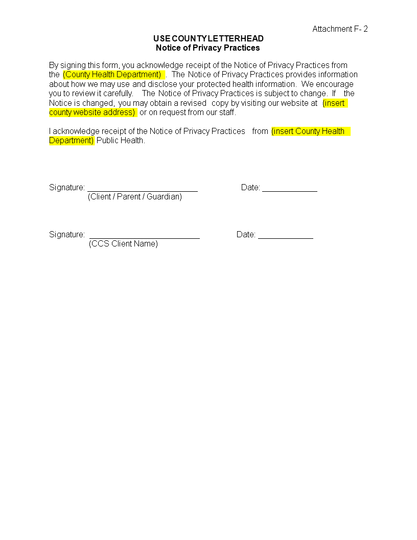 receipt acknowledgement of privacy practices template