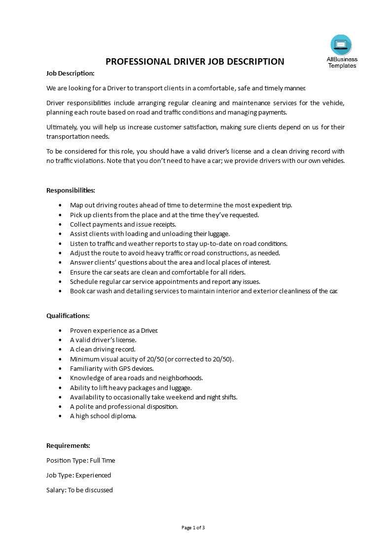 professional driver job description template