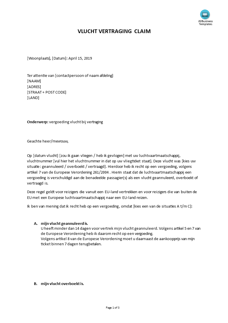 Claim bij vertraging vlucht Modelbrief 模板