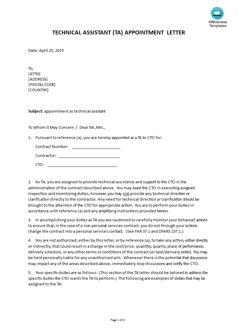 technical assistant appointment letter template