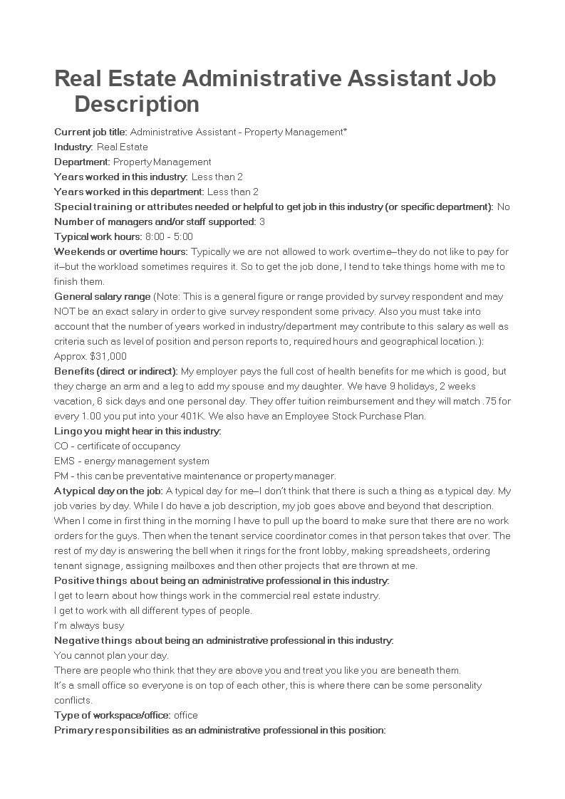 administrative assistant real estate job description template