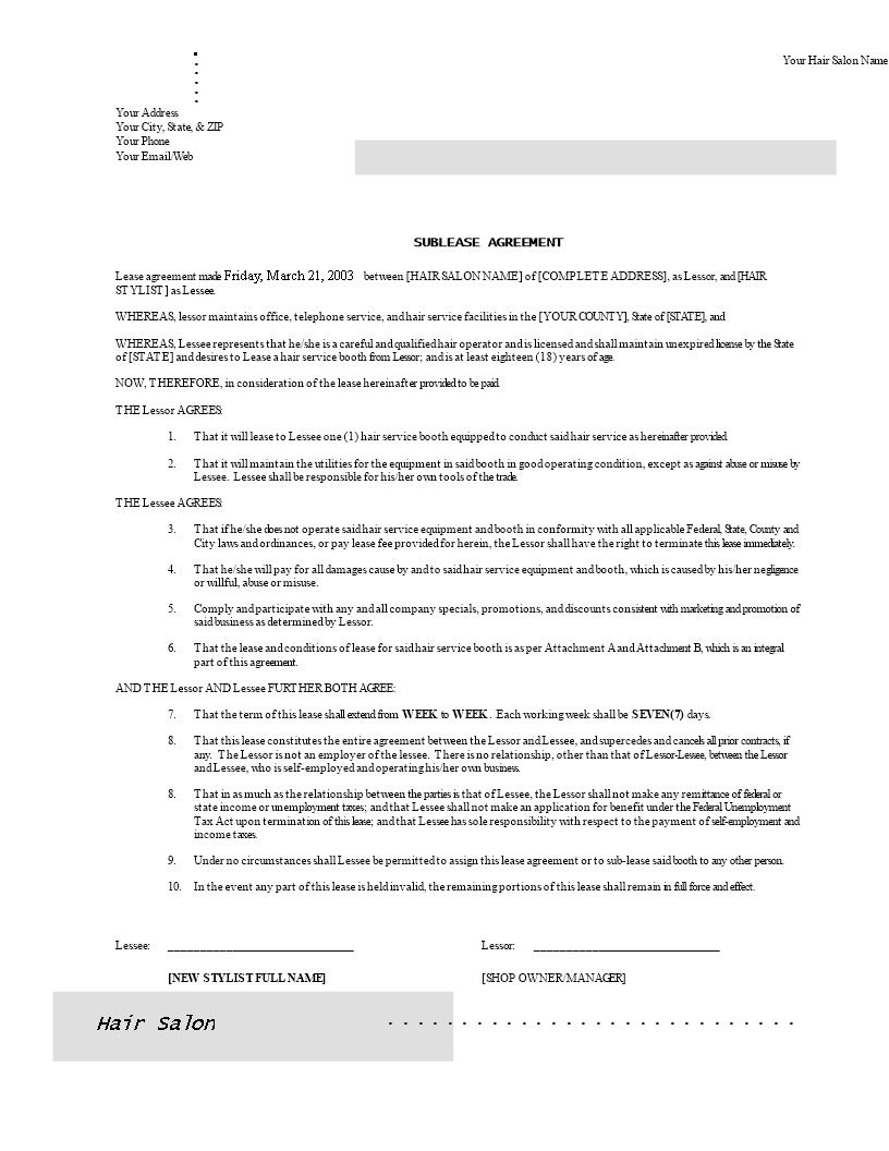 hair salon sublease contract template