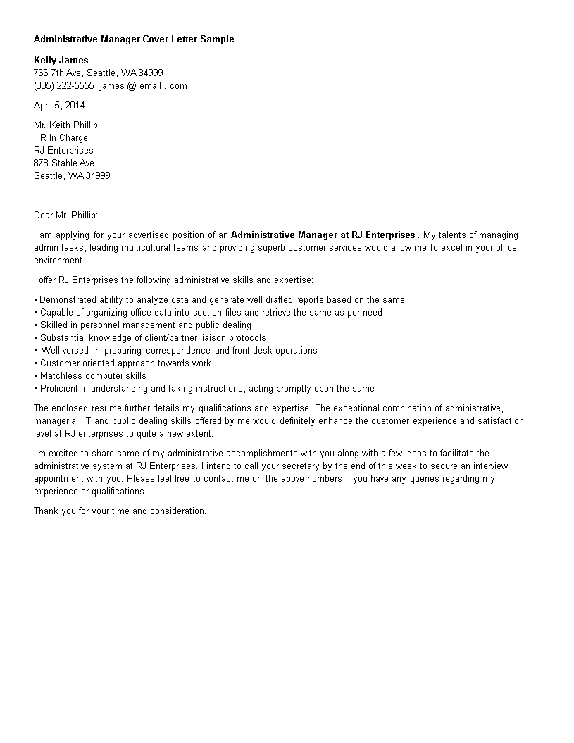 administration manager resume cover letter template