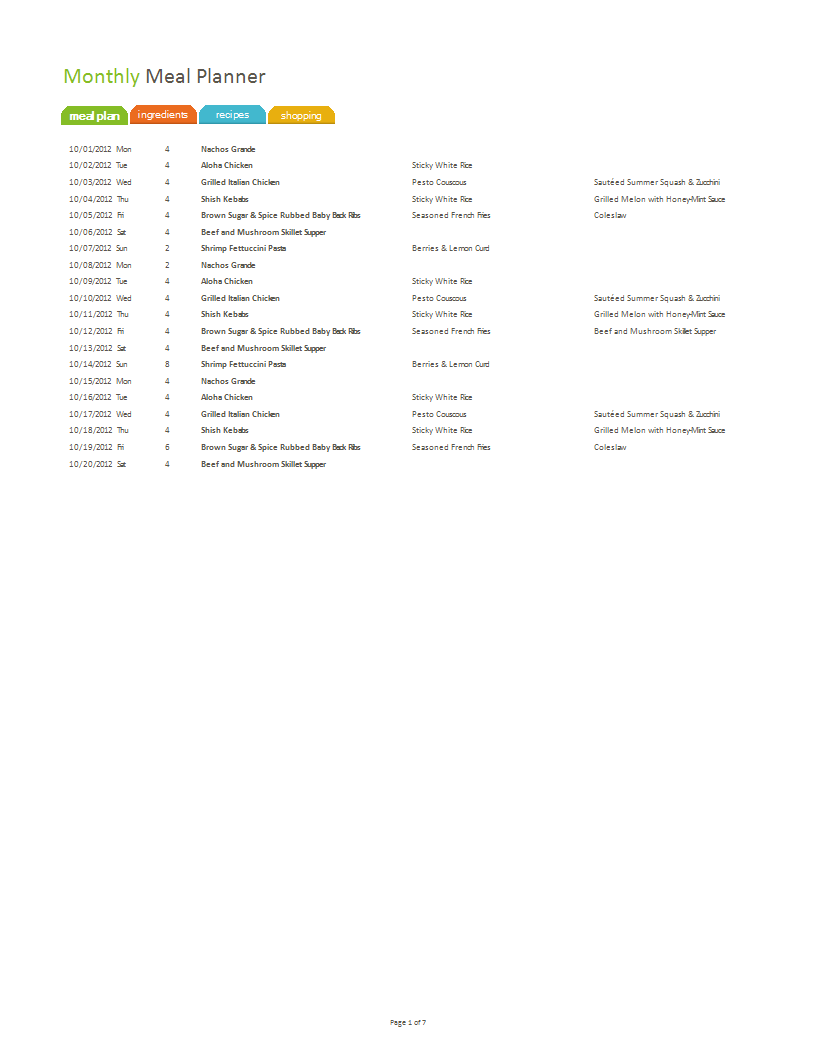 diet meal plan worksheet modèles