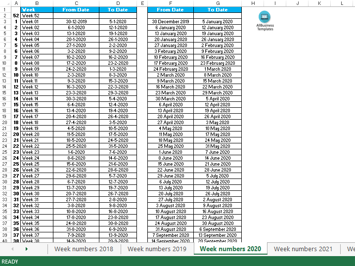 week numbers 2020 template