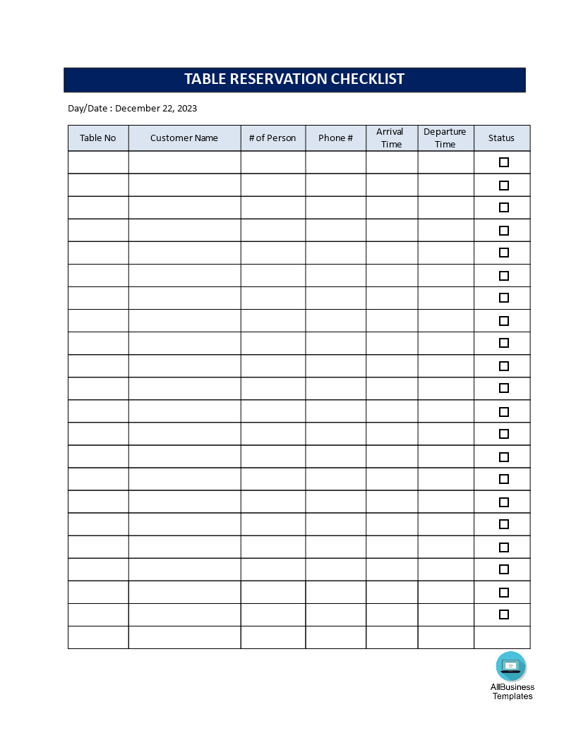 Restaurant Table Reservation Checklist 模板