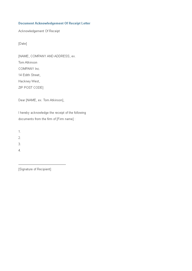 document receipt acknowledgement letter template