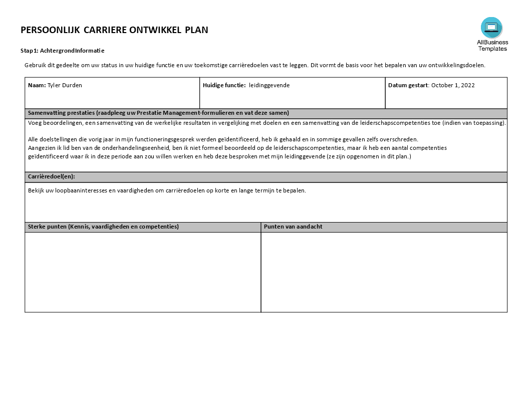 persoonlijk loopbaanontwikkelingsplan template