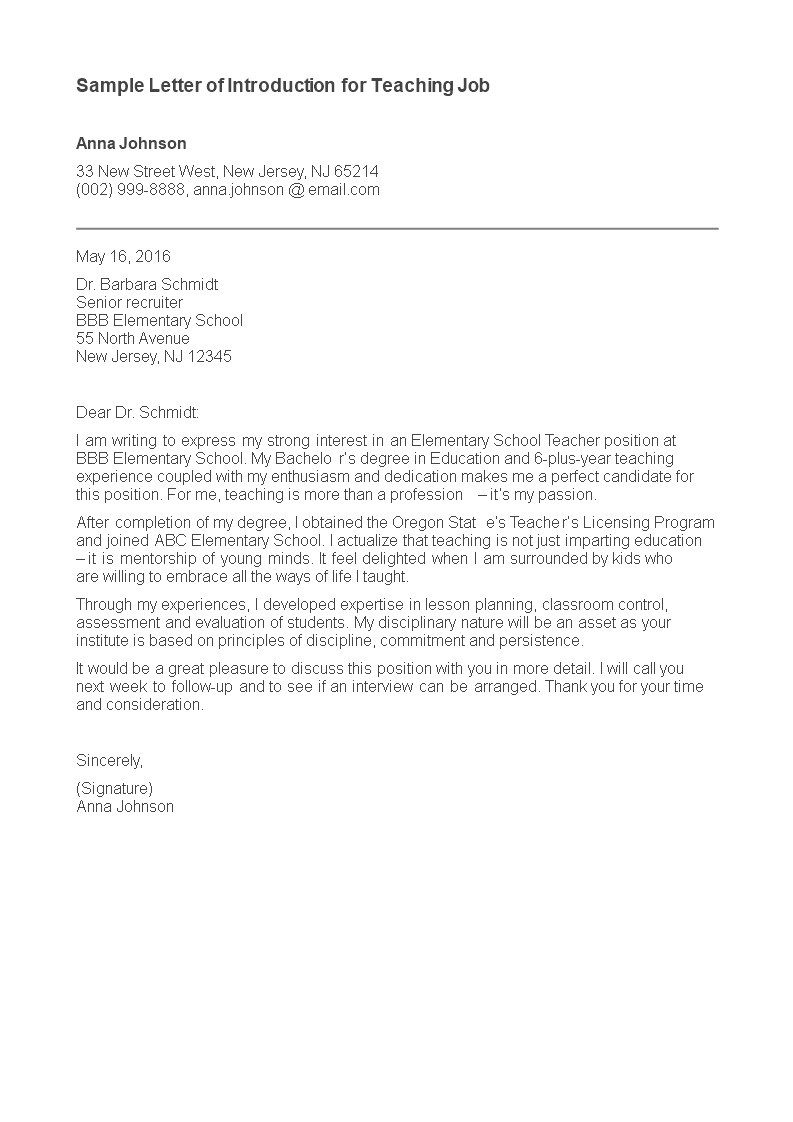 Letter Of Introduction For Teaching Position