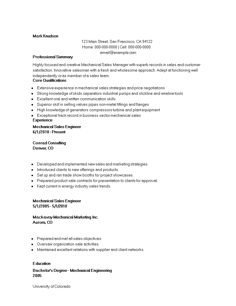 Mechanical Marketing Engineer Resume 模板