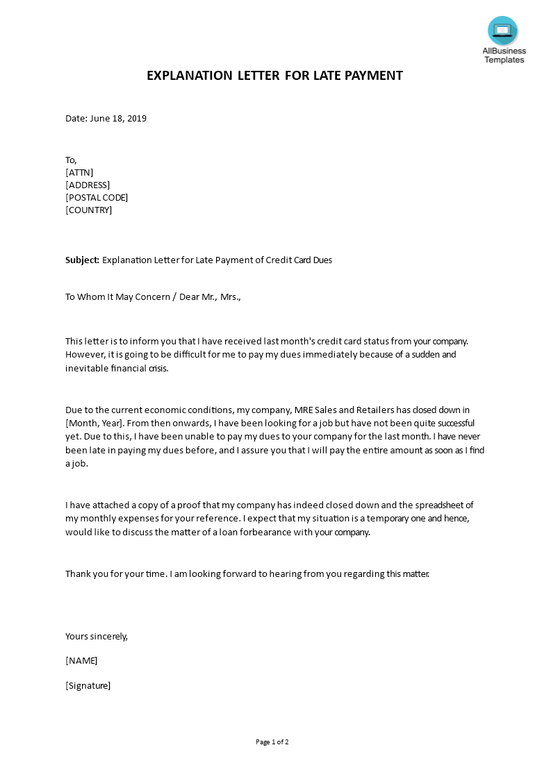 explanation letter for late payment template