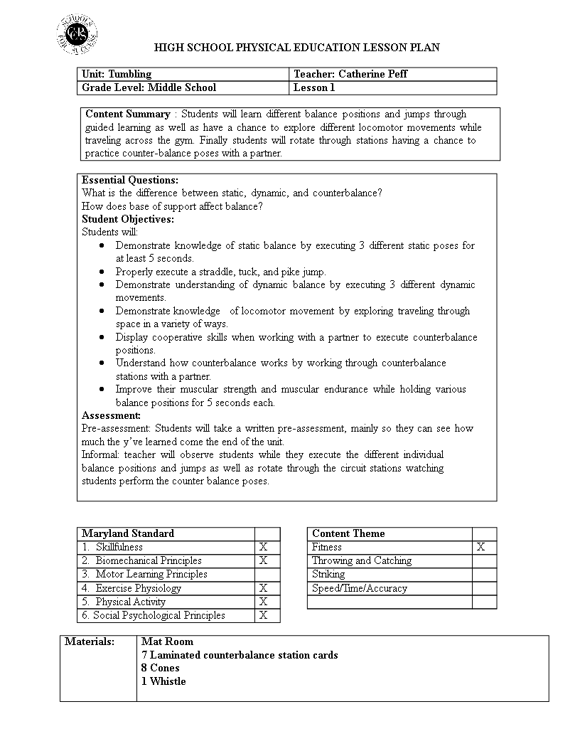 physical education lesson plans grade 6