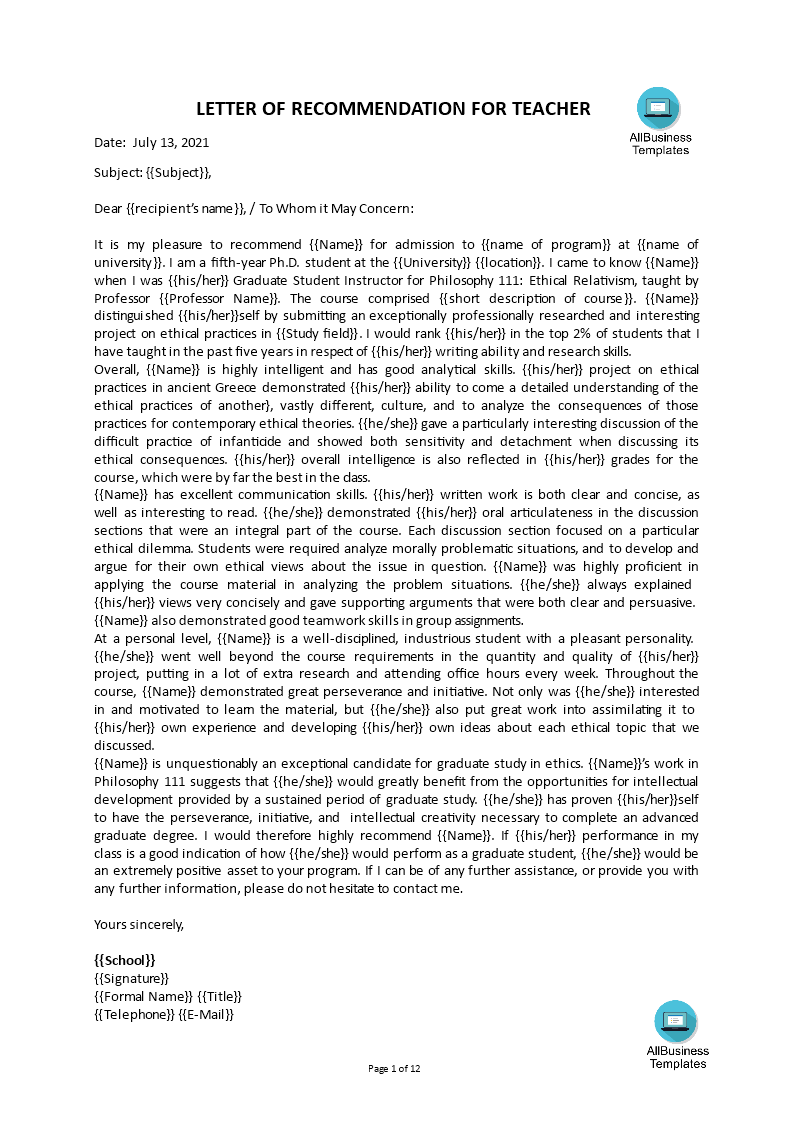 letter of recommendation for teacher Hauptschablonenbild