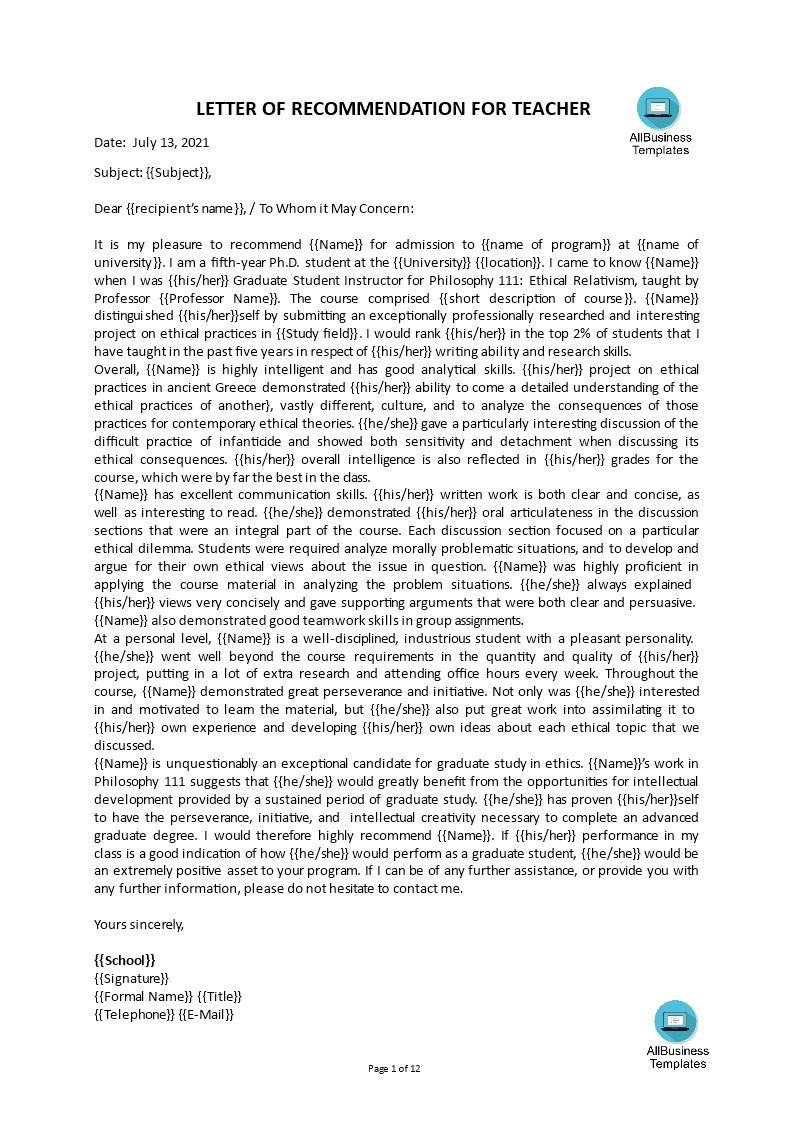 letter of recommendation for teacher template