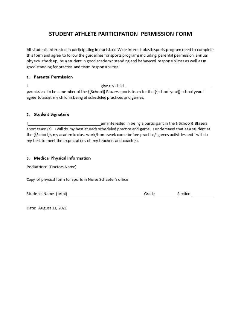 permission slip for sports template