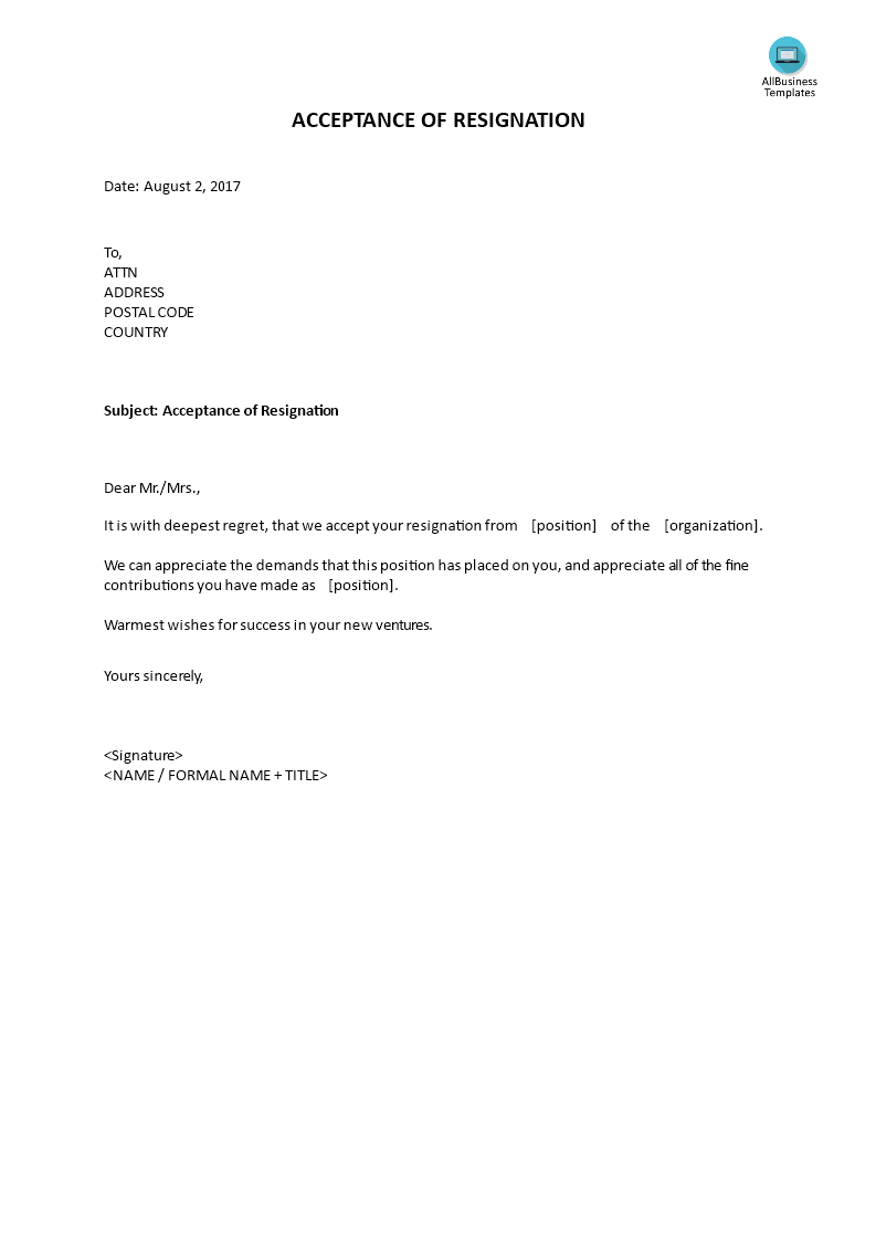 acceptance of resignation letter voorbeeld afbeelding 