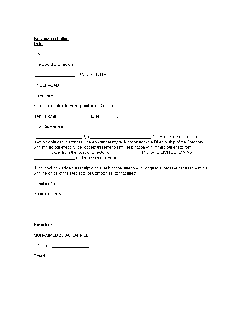 standard director resignation letter modèles