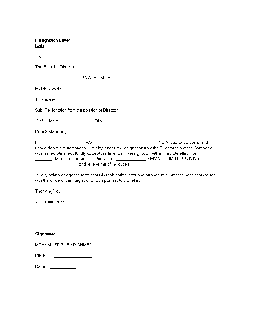 Standard Director Resignation Letter | Templates at ...