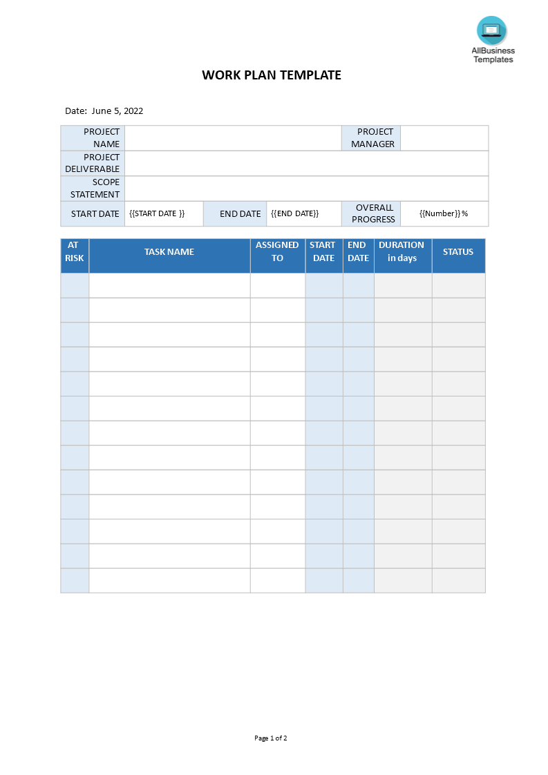 work plan template Hauptschablonenbild