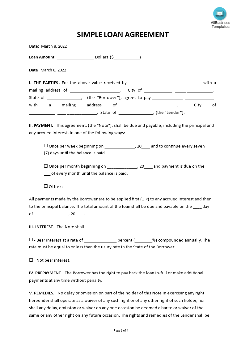 simple loan agreement template Hauptschablonenbild