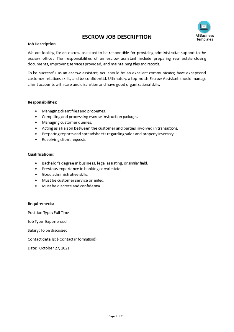 escrow job description template