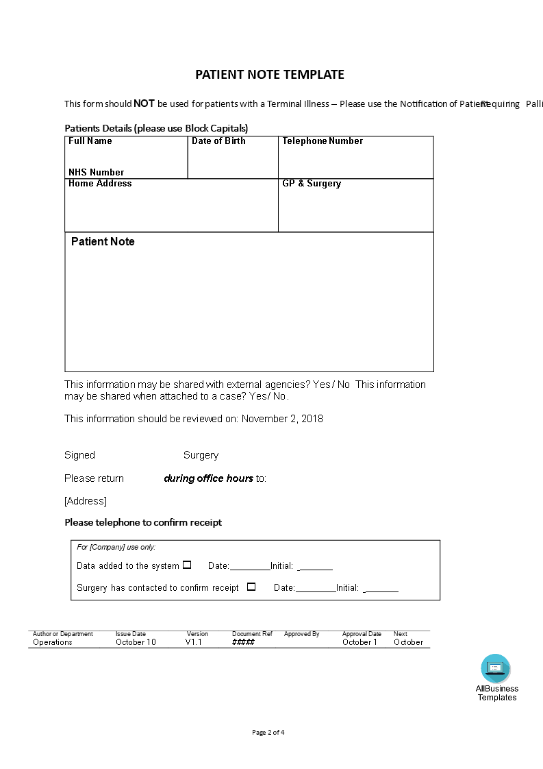 patient note template template