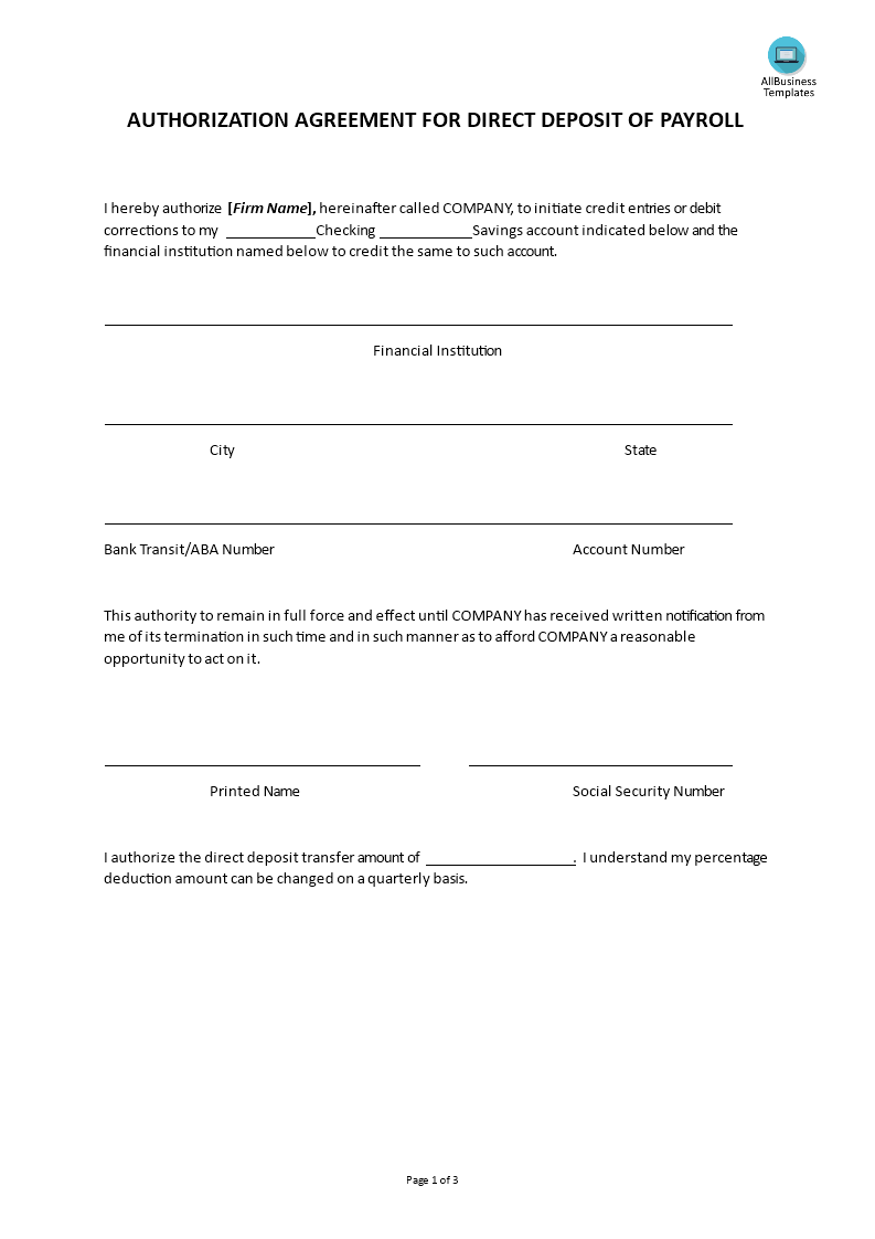 hr authorization for direct deposit payroll template