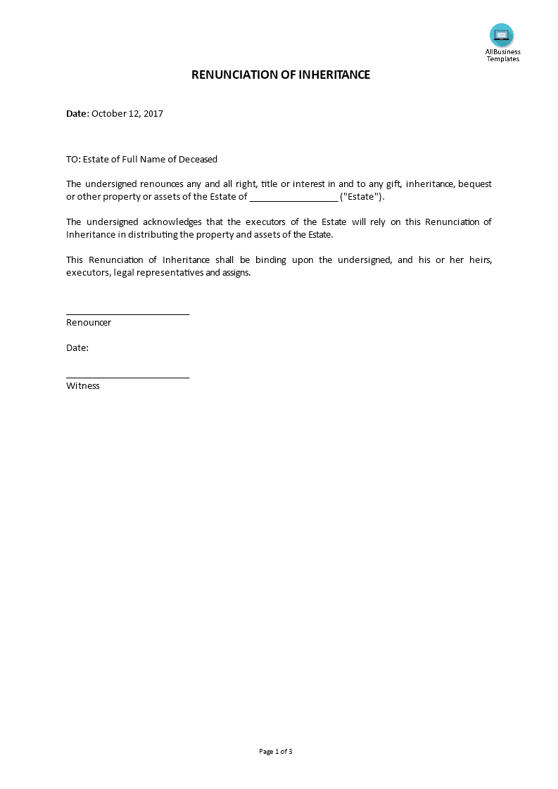 Renunciation Of Inheritance - Premium Schablone In Bequest Letter Template