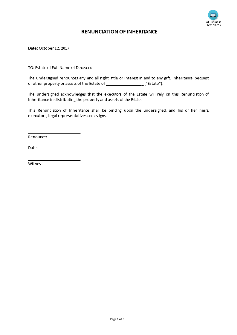 Renunciation Of Inheritance - Premium Schablone With Bequest Letter Template