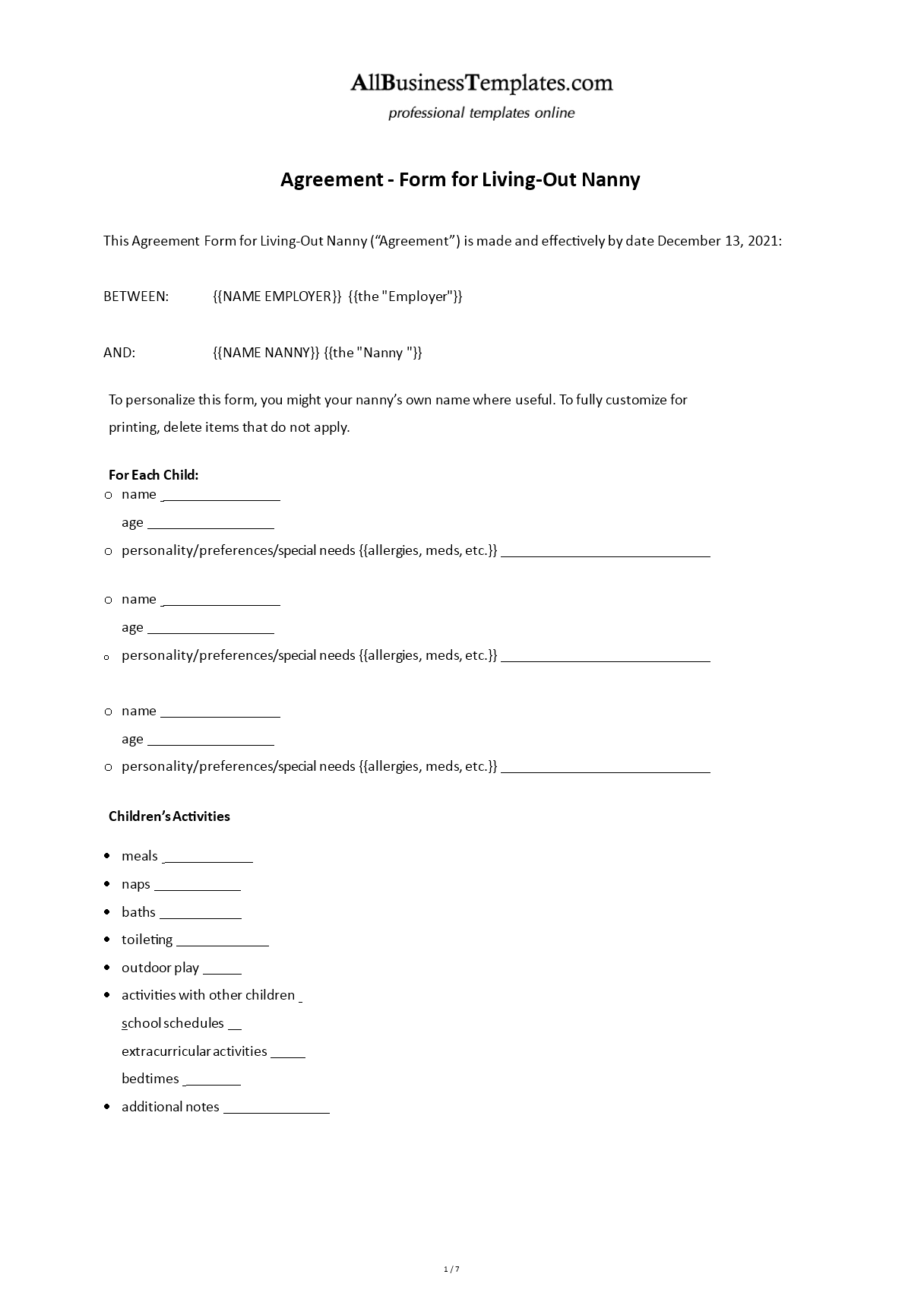 contract form for living out nanny template