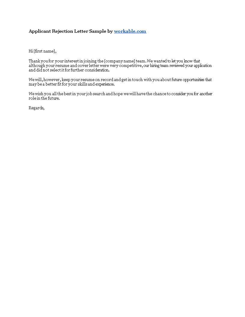 rejection letter to applicant for job template