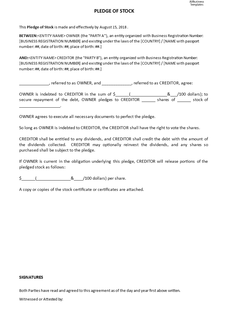 pledge of stock voorbeeld afbeelding 