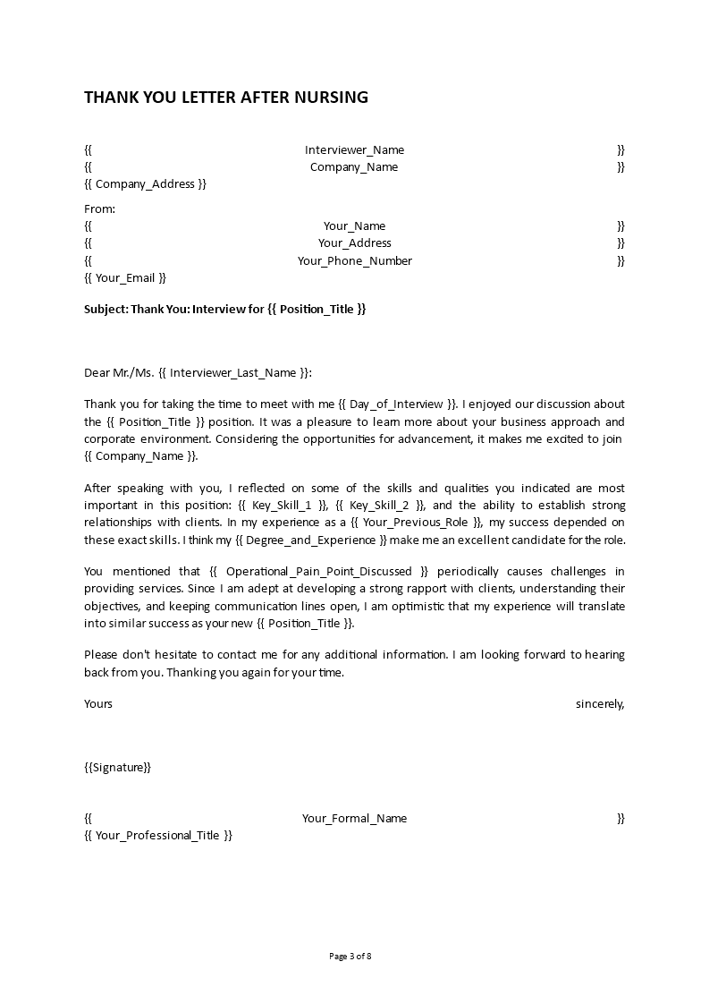 thank you letter after nursing interview template