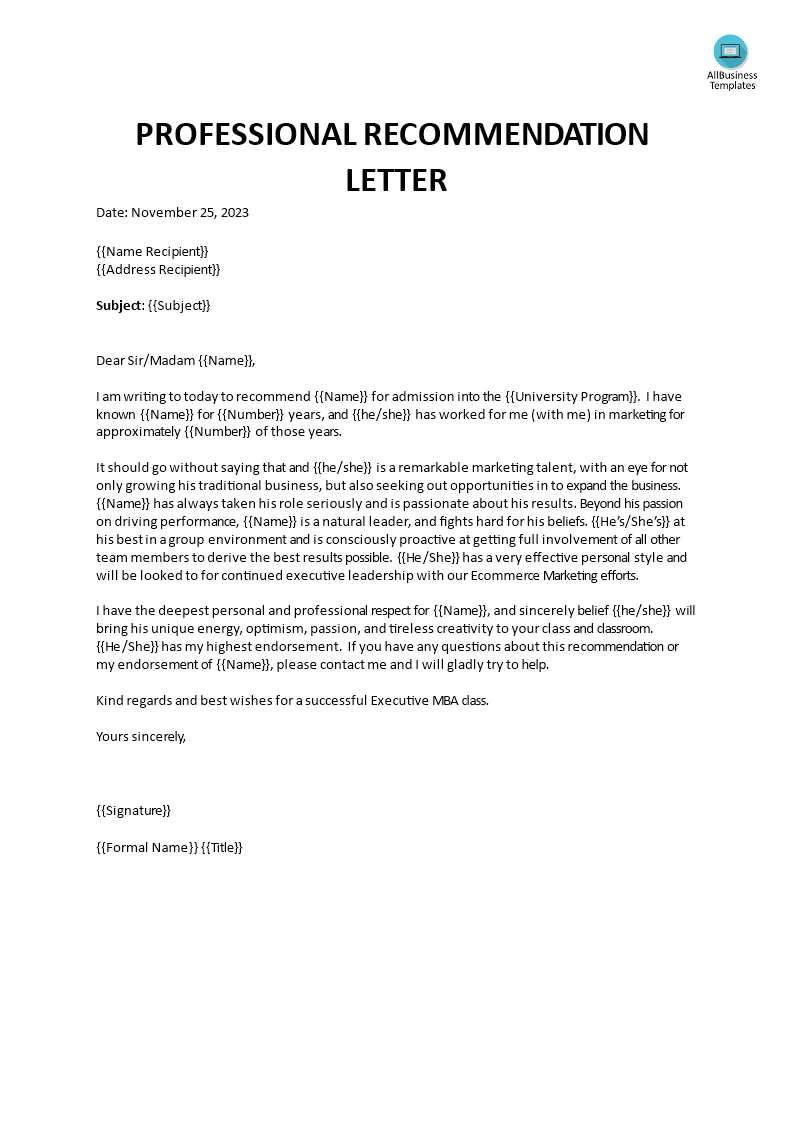 professional recommendation letter template