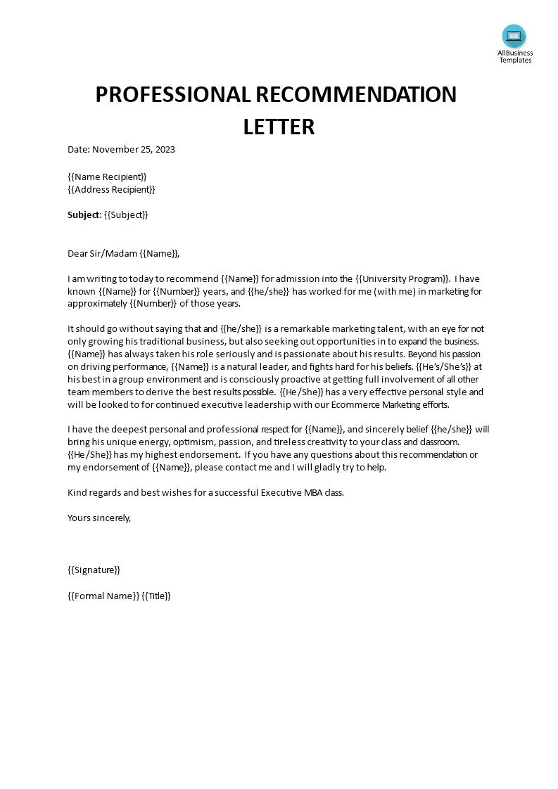 professional recommendation letter Hauptschablonenbild