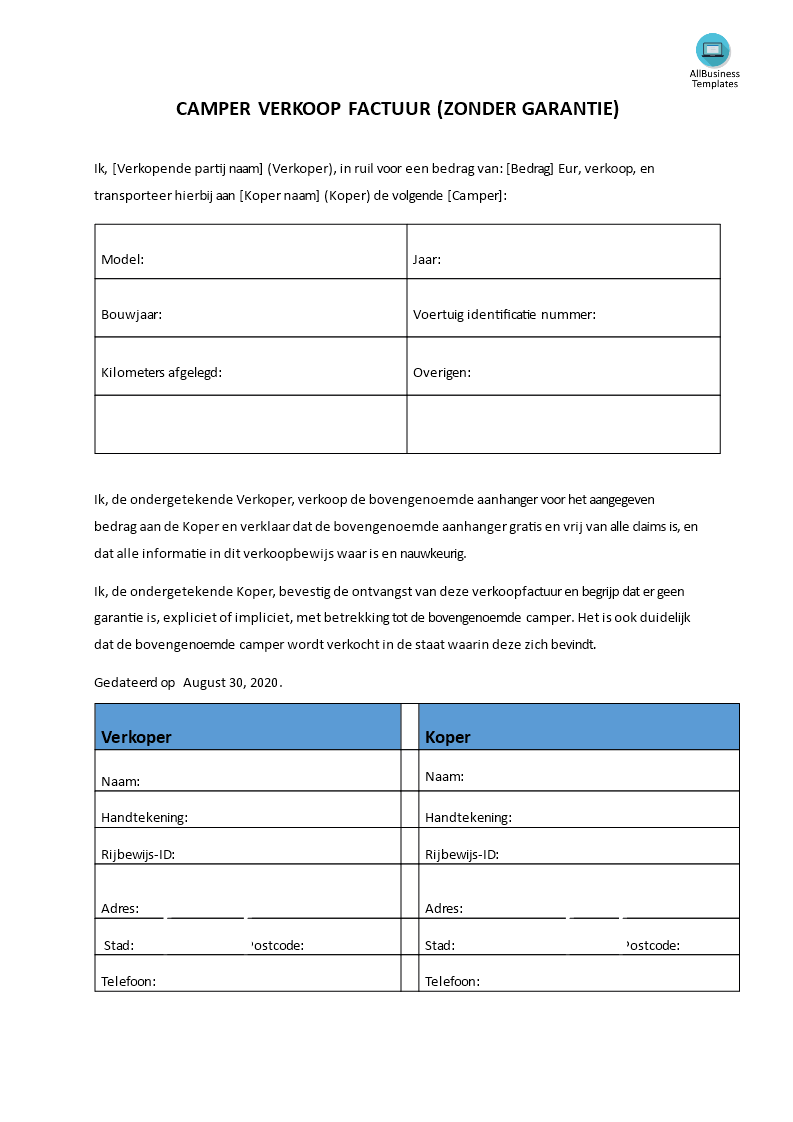 verkoopfactuur camper template