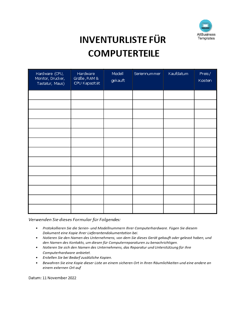 Hardware-Inventarisierungsformular 模板