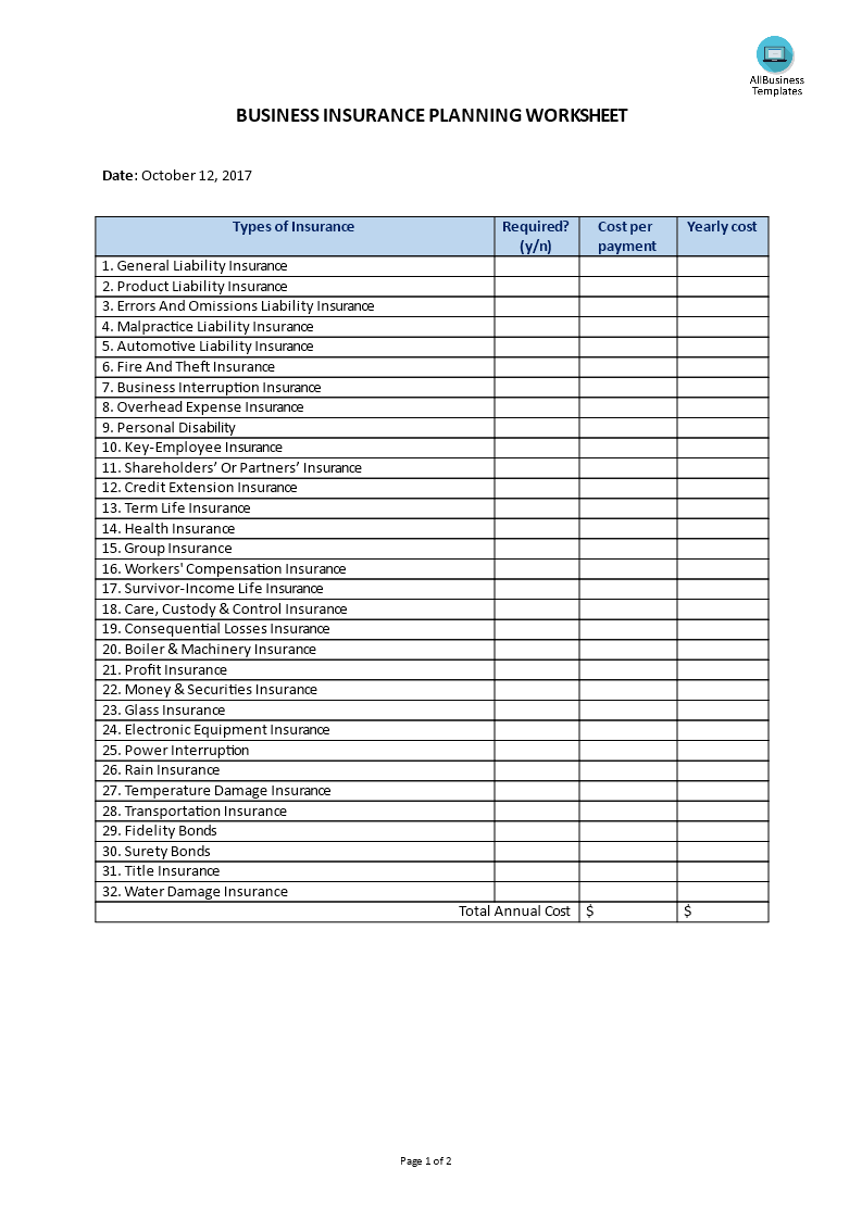 worksheet business insurance planning modèles