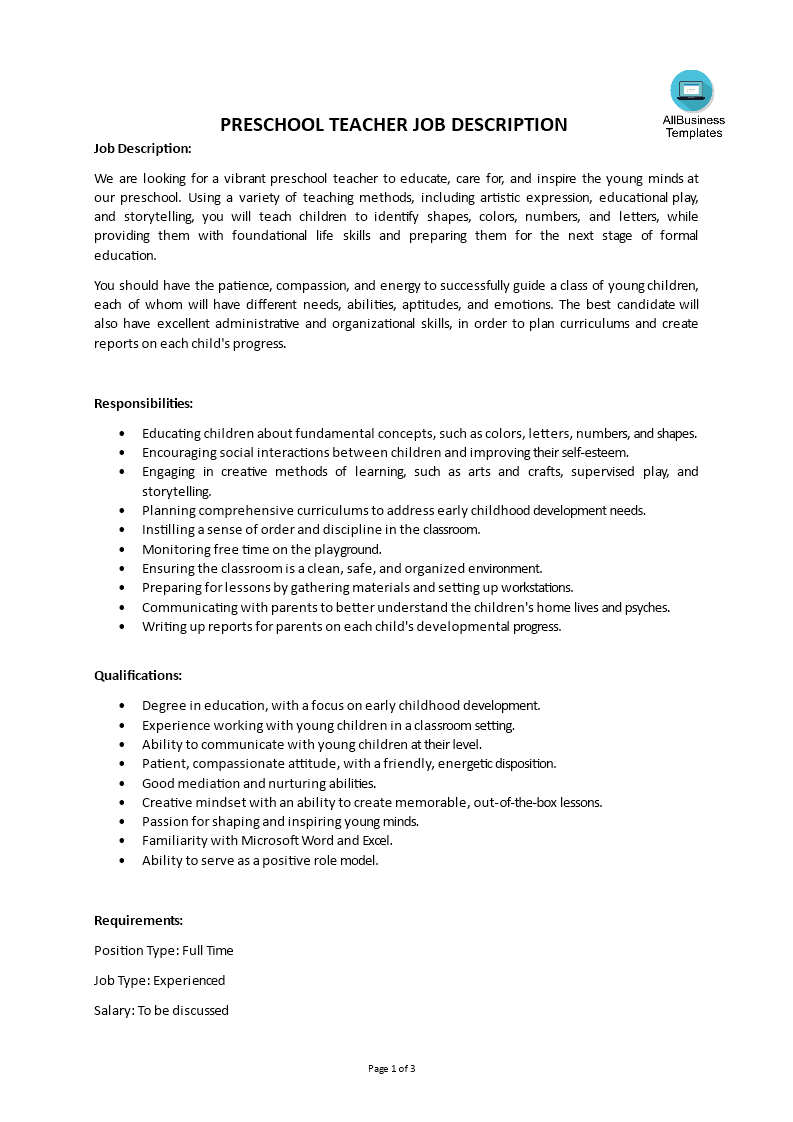 preschool teacher job description template