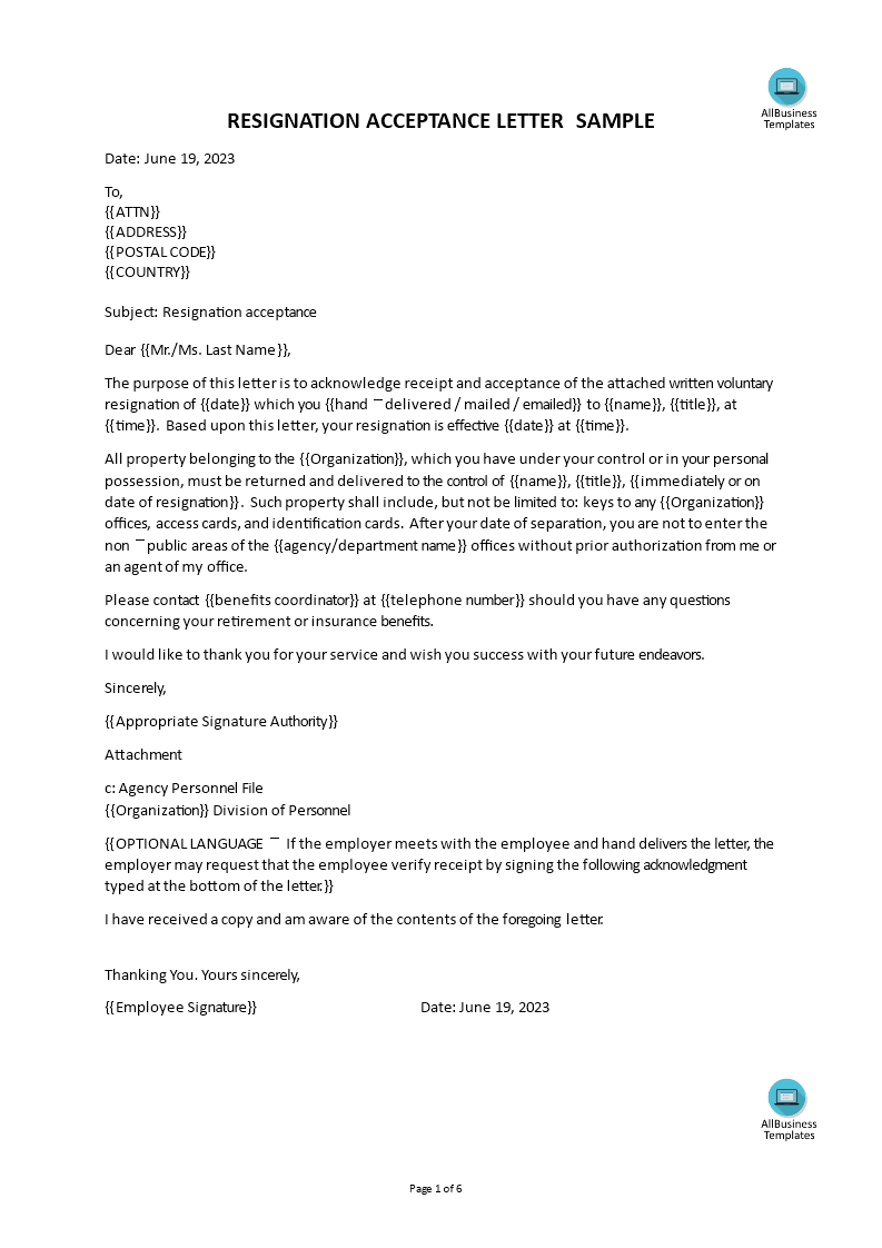 letters of acceptance of resignation template